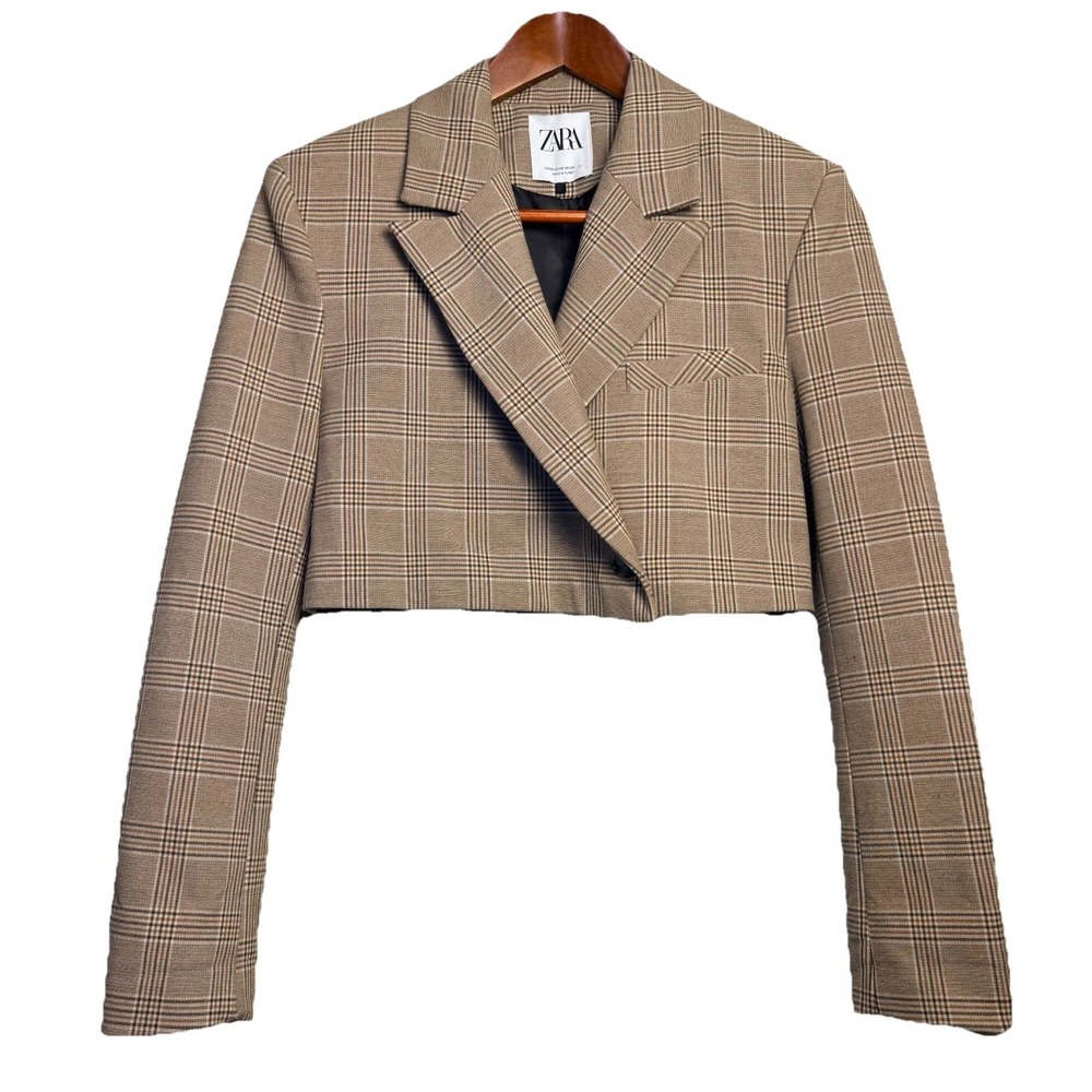 Zara Cropped Tan Checked Blazer Padded Shoulders Women's XS Preppy Office